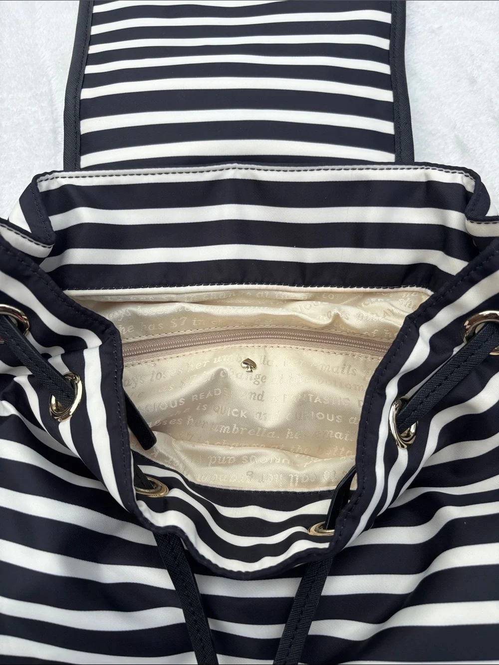 kate spade Black and White Striped Nylon Drawstring Backpack